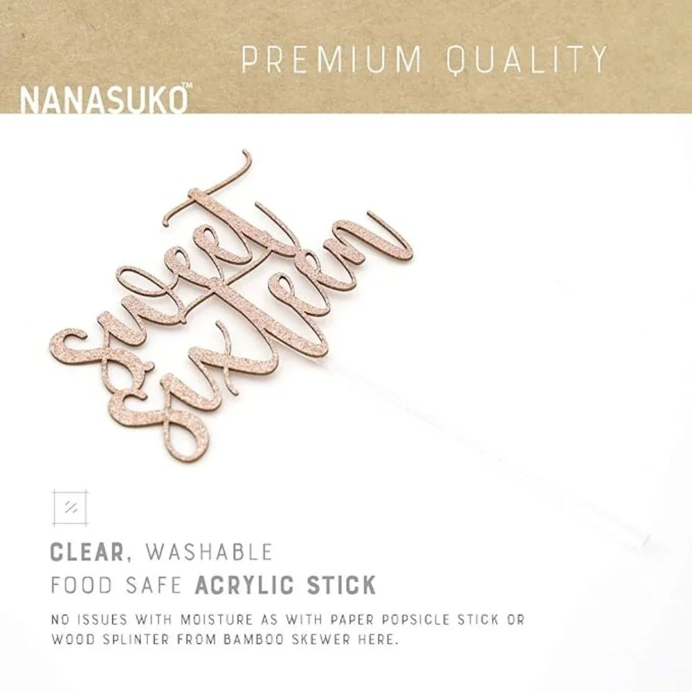 Nanasuko Sweet Sixteen 16th Birthday Cake Topper Rose Gold Glitter